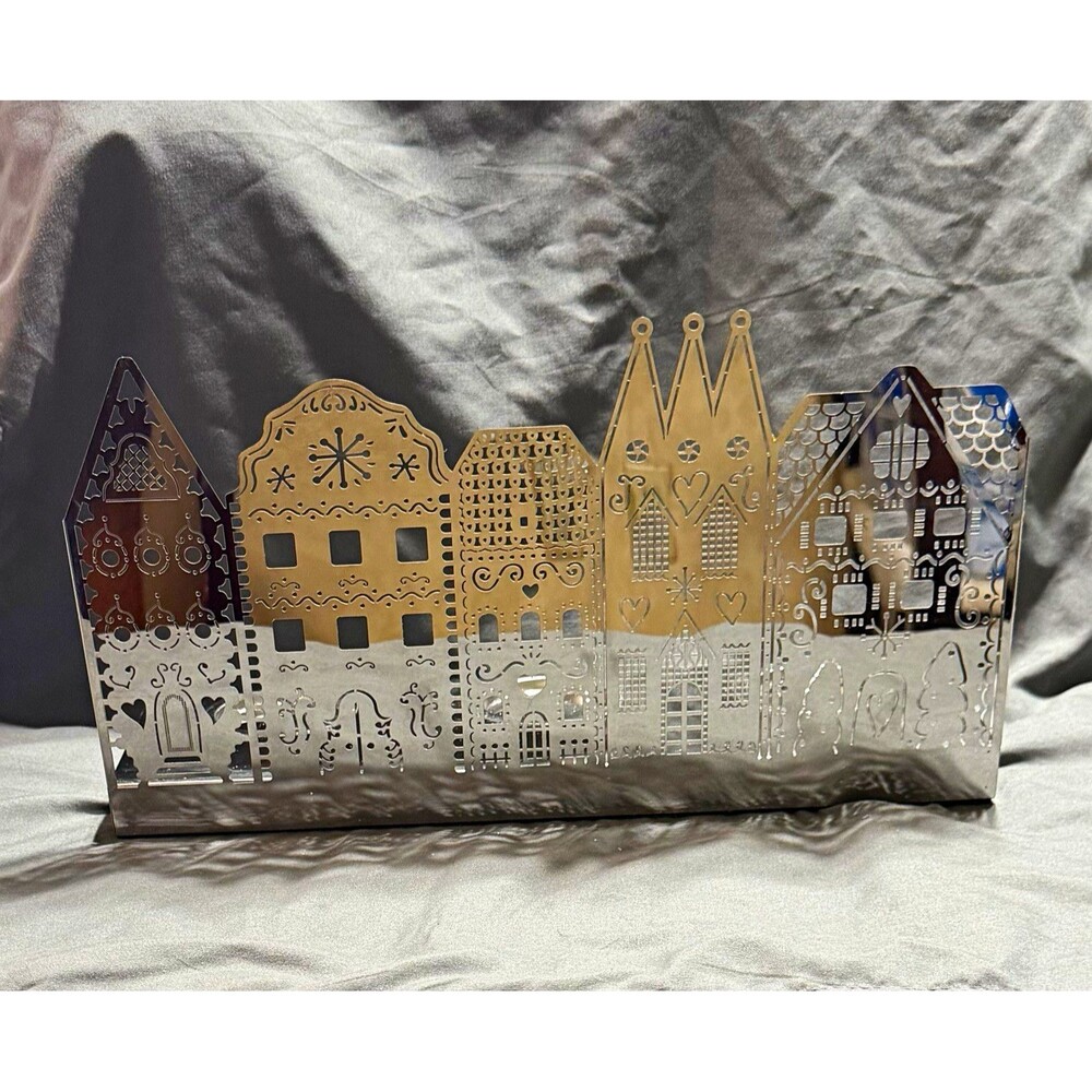 PartyLite Silver Metal Village House 3-Cup Tea Light Holder Large P8920